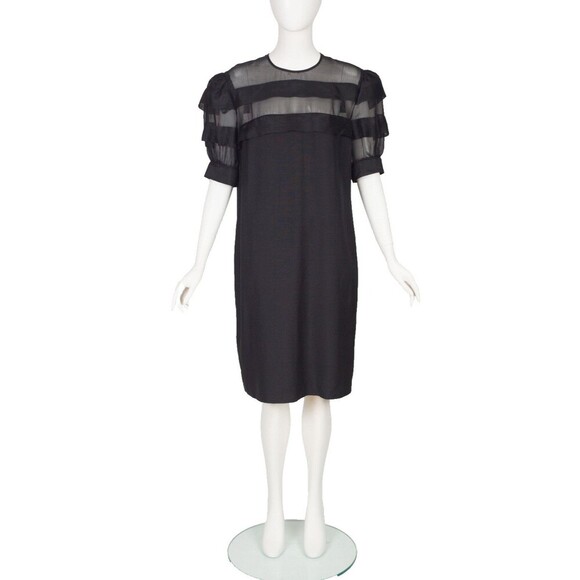 Albert Nipon 80s Vintage Black Linen Silk Chiffon Puff Sleeve Dress Sz L? Formal - Picture 1 of 16